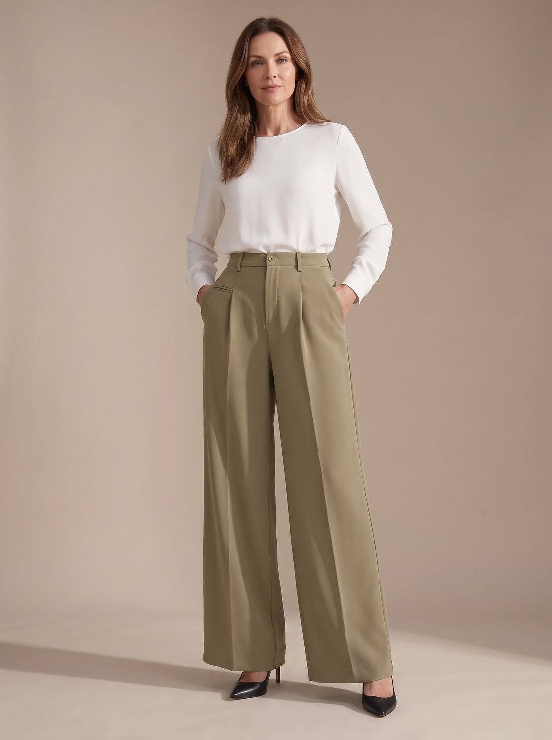 Women's High-Waist Wide-Leg Pleated Palazzo Trousers - Khaki
