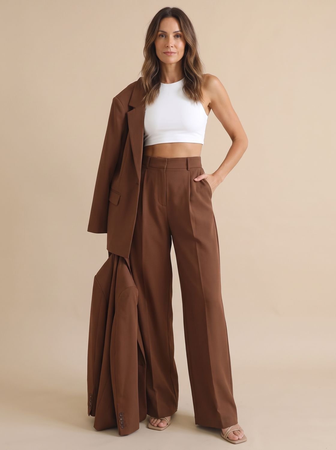 Women's High-Waist Wide-Leg Pleated Tailored Trousers - Brown