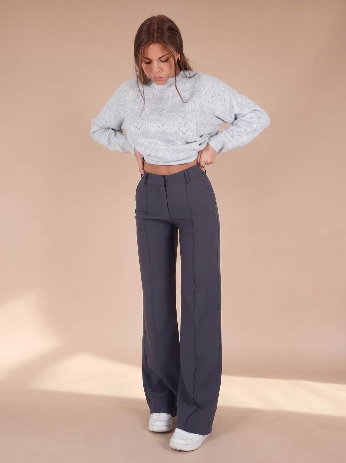 Women's High-Waist Wide-Leg Tailored Trousers - Grey