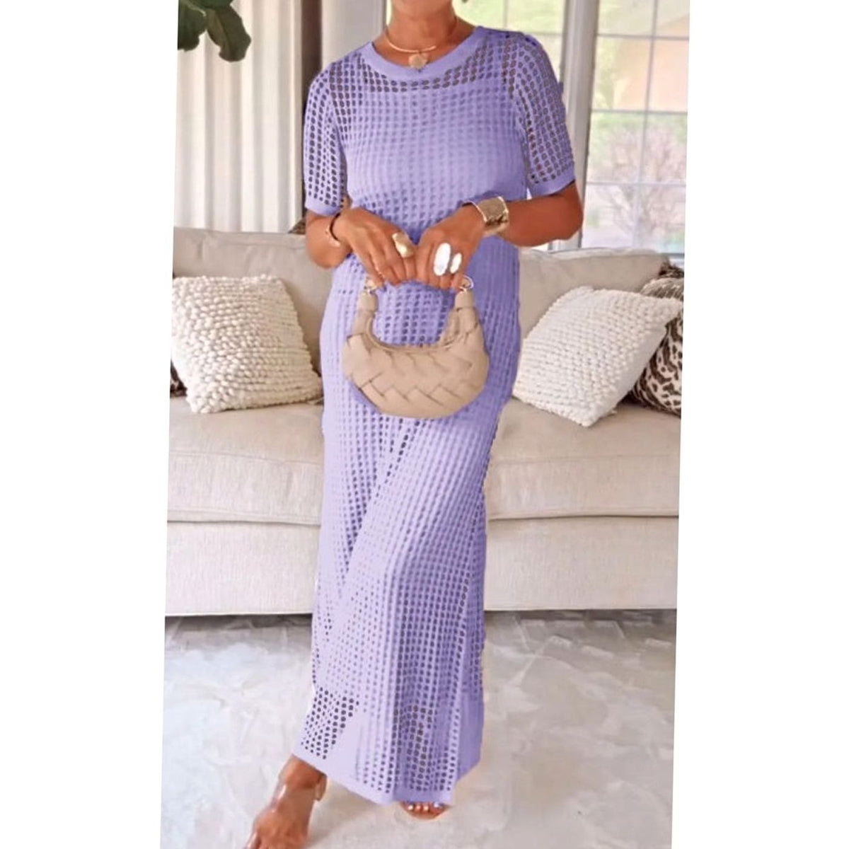 Women's Hollow-Out Overlay Short-Sleeve Knit Maxi Dress - Purple