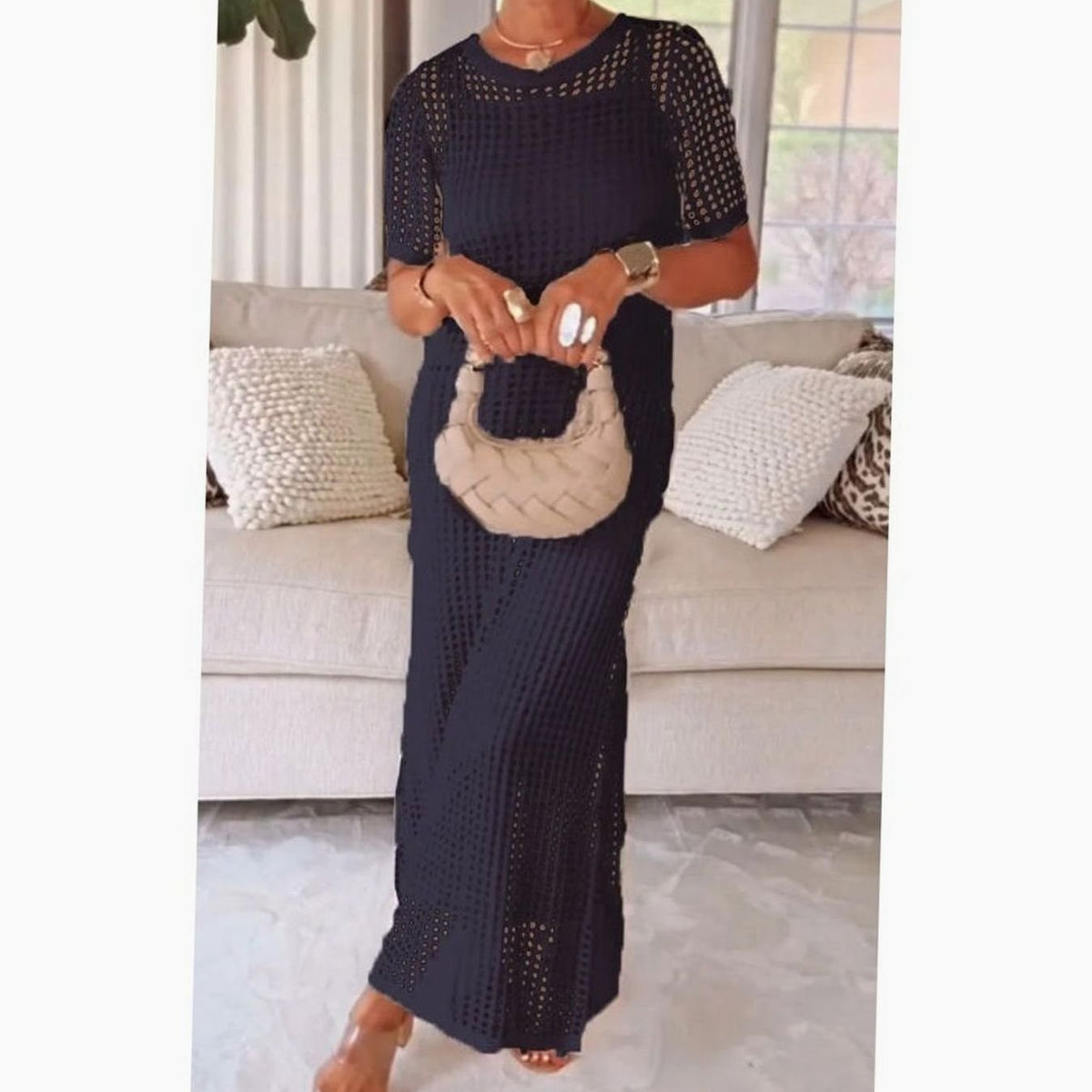 Women's Hollow-Out Overlay Short-Sleeve Knit Maxi Dress - Black