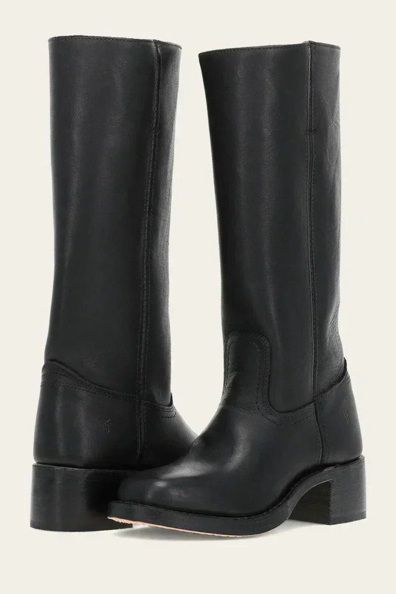 Women's Knee-High Slim-Fit Leather-Look Stacked-Heel Boots - Black