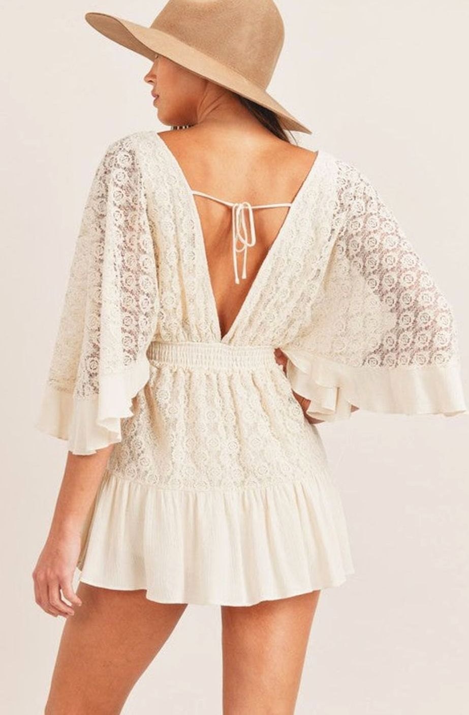 Women's Lace Bell-Sleeve V-Neck Mini Dress