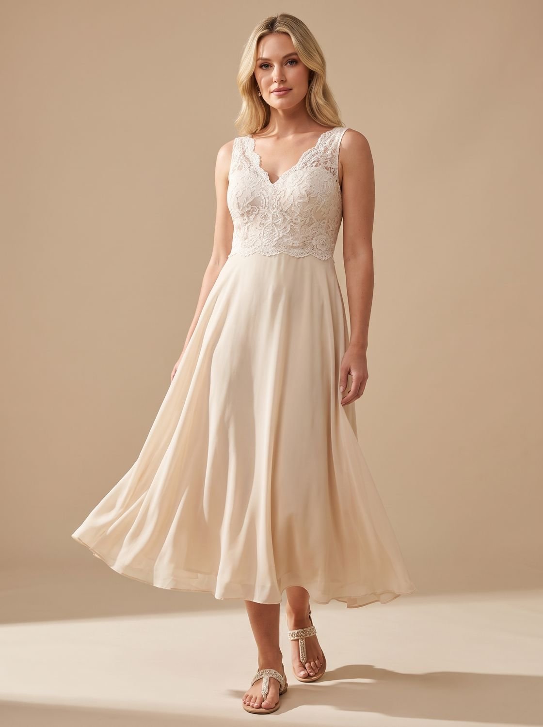 Women's Lace Bodice Chiffon A-Line Midi Dress - Light Yellow