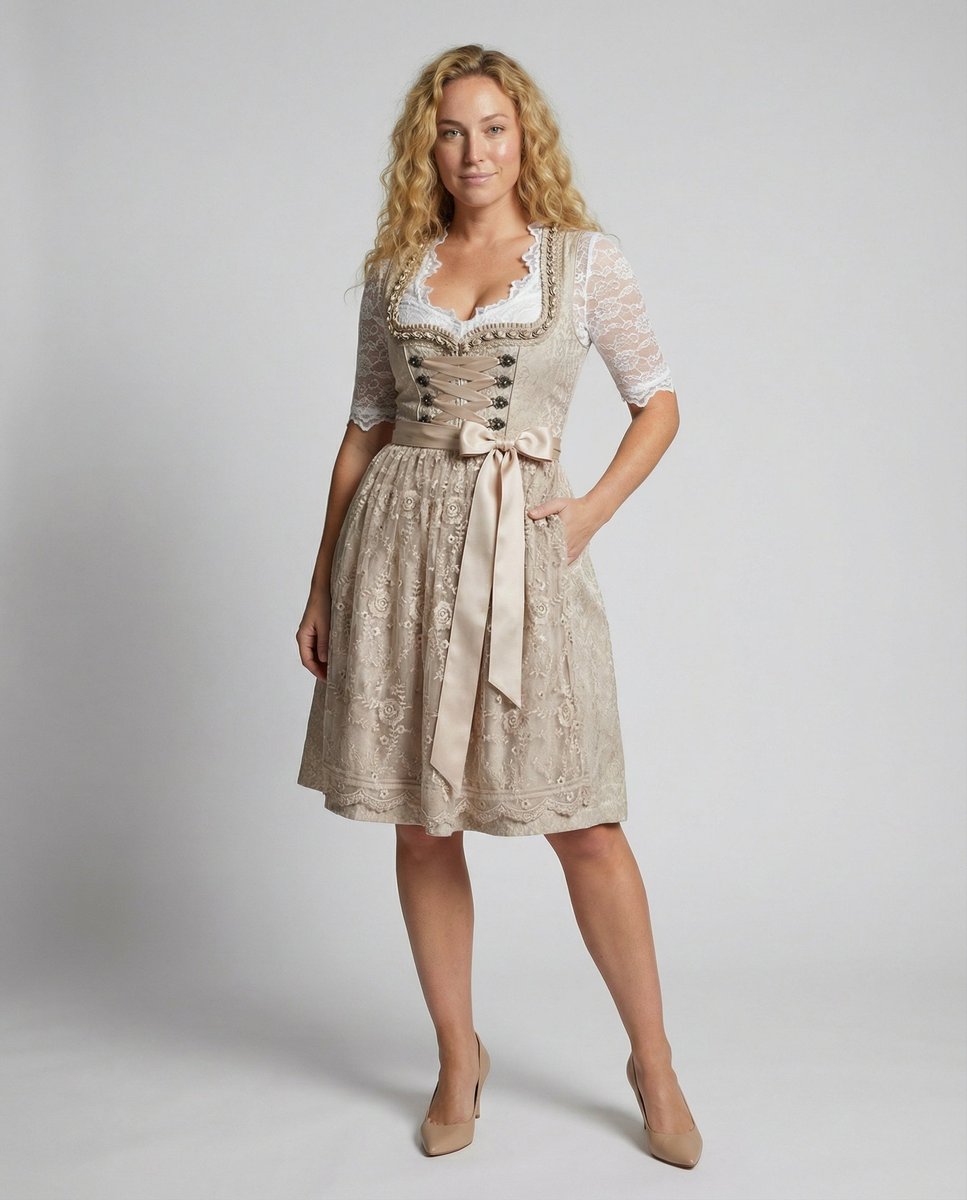 Women's Lace Dirndl Midi Dress Lace-Up Corset Pleated Skirt