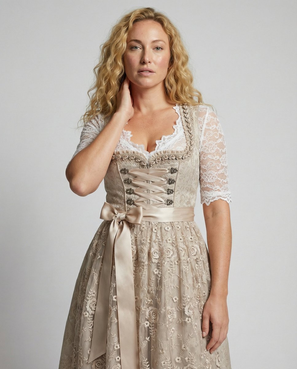 Women's Lace Dirndl Midi Dress Lace-Up Corset Pleated Skirt