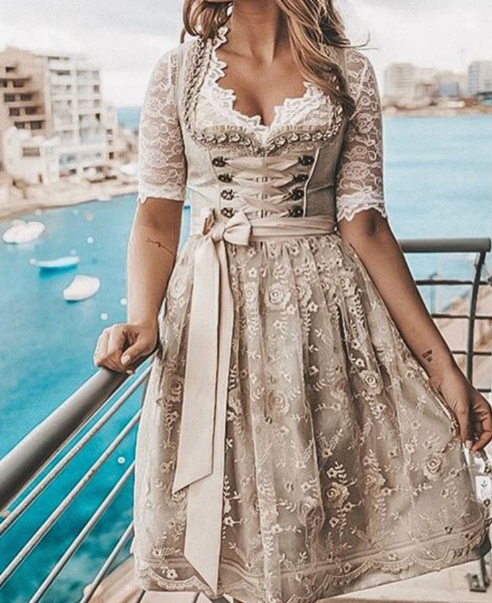 Women's Lace Dirndl Midi Dress Lace-Up Corset Pleated Skirt - Beige