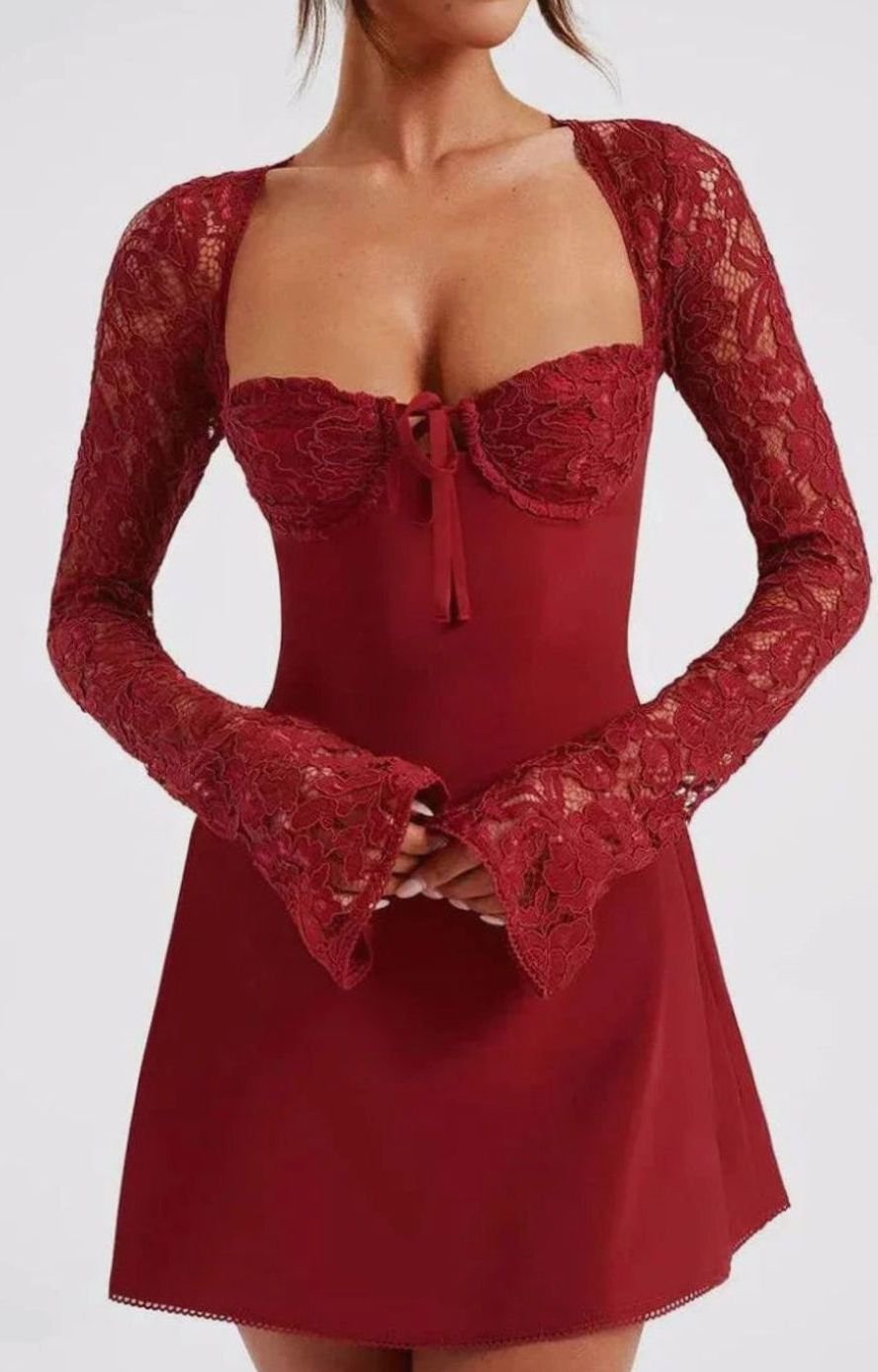 Women's Lace Long-Sleeve Open-Back Short Cocktail Dress II
