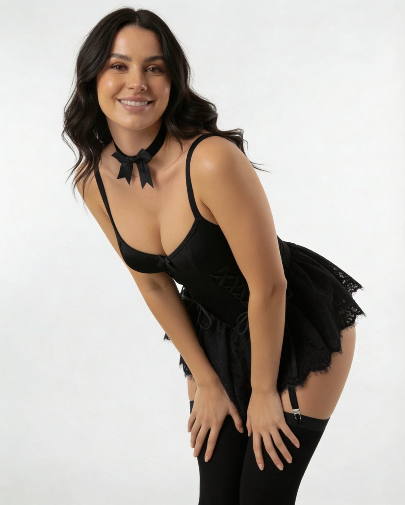 Women's Lace Ruffle Underwired Bustier Teddy Garter Set