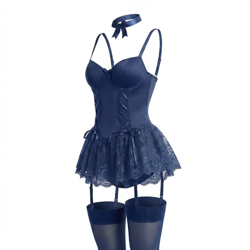 Women's Lace Ruffle Underwired Bustier Teddy Garter Set - Navy