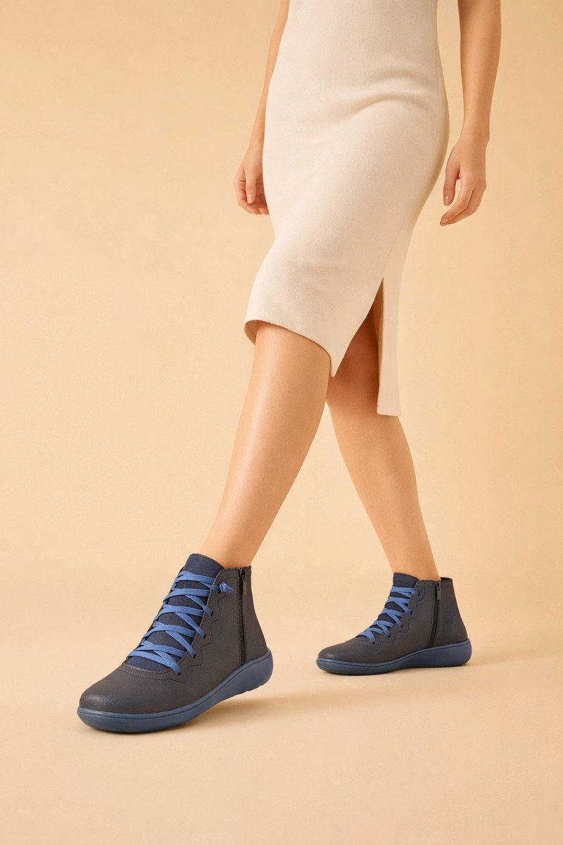 Women's Lace-Up Ankle Comfort Sneakers Side-Zip PU Leather Boots - Blue