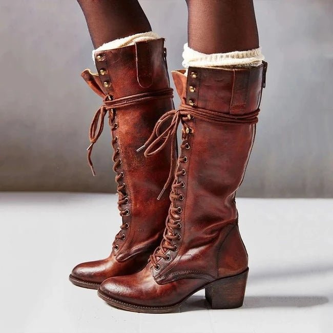 Women's Lace-Up Knee-High Leather Boots - Redish Brown