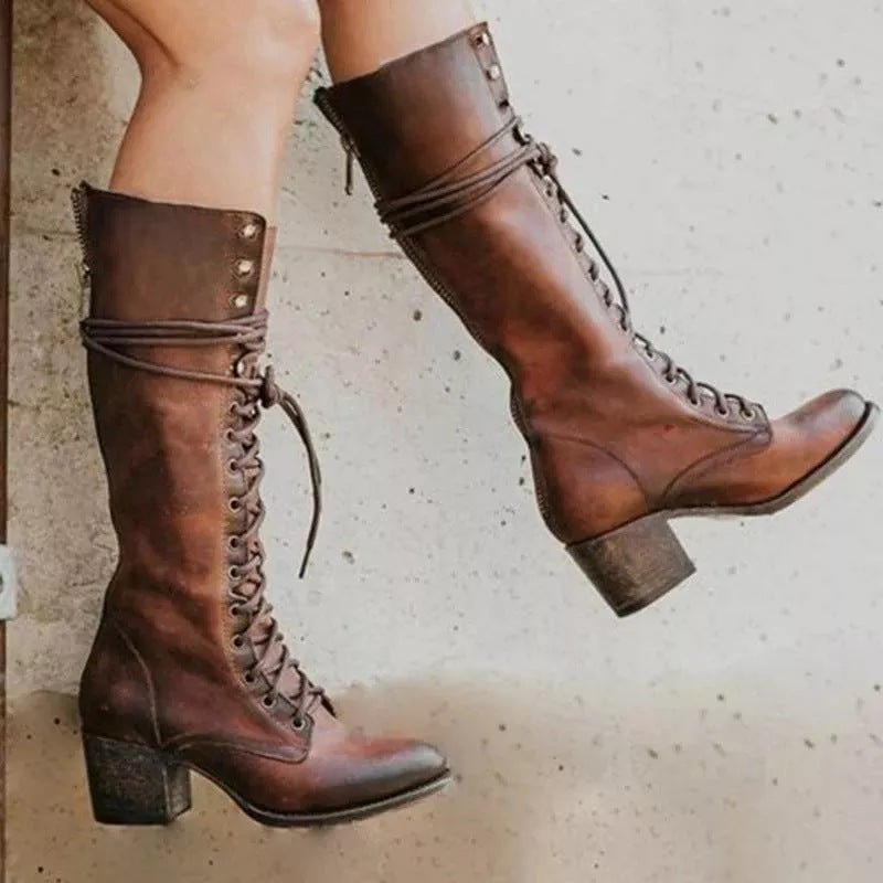 Women's Lace-Up Knee-High Leather Boots - Brown