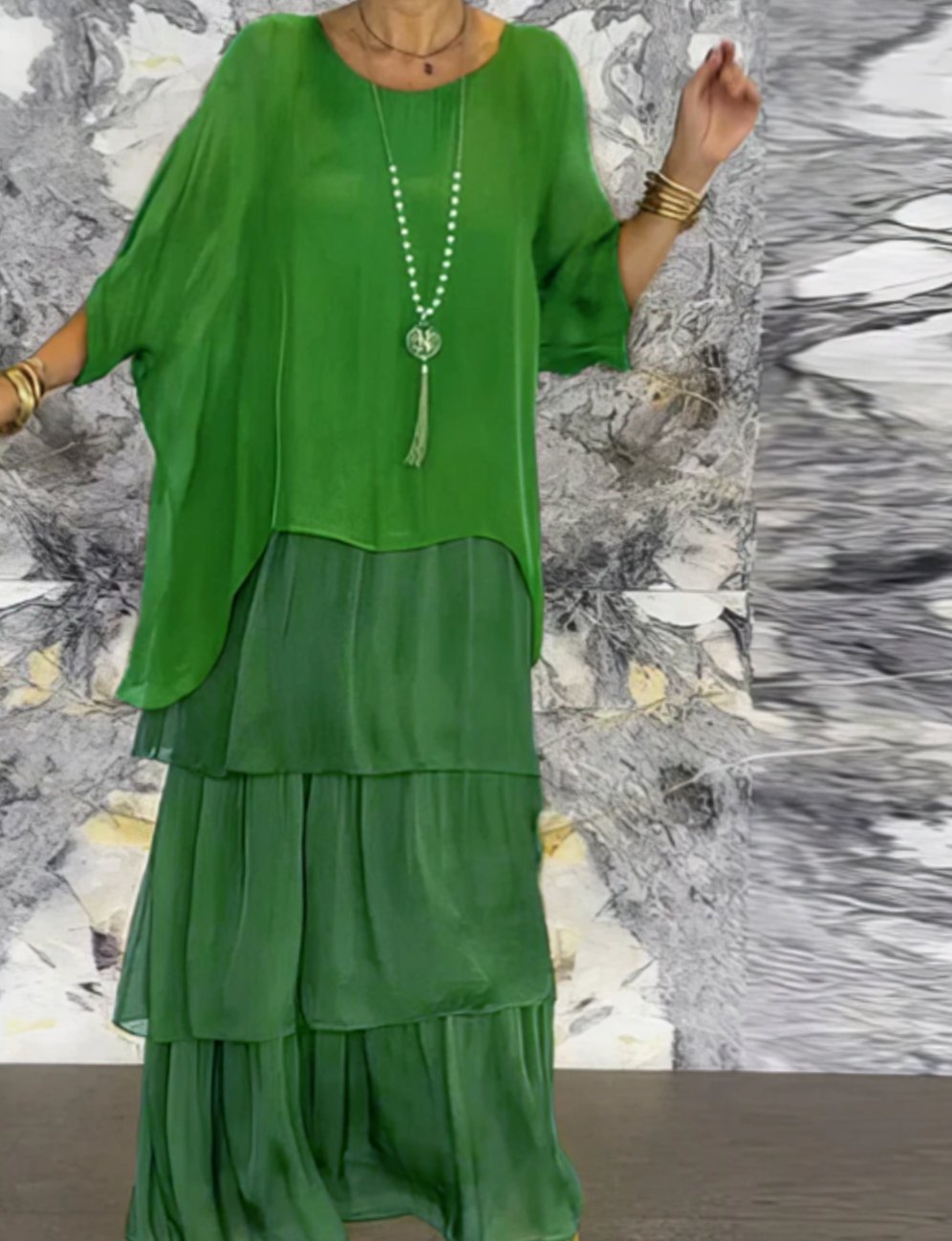 Women's Layered Chiffon Flowing Maxi Wedding Guest Dress, Olive Green - Light Green