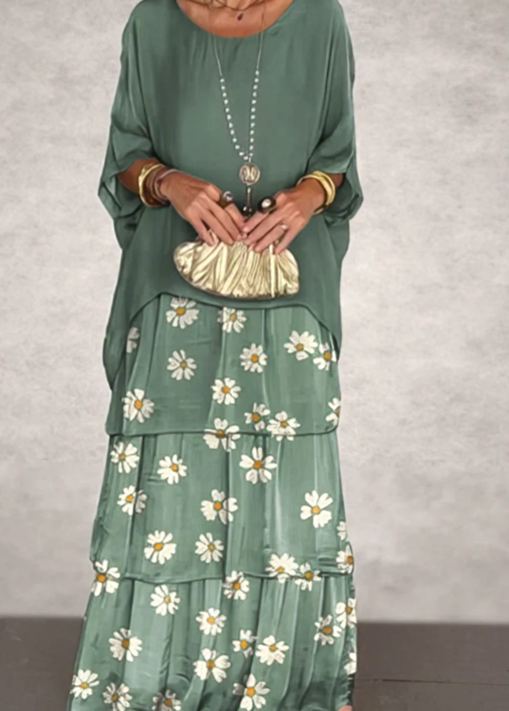 Women's Layered Chiffon Flowing Maxi Wedding Guest Dress, Olive Green - Faded Green