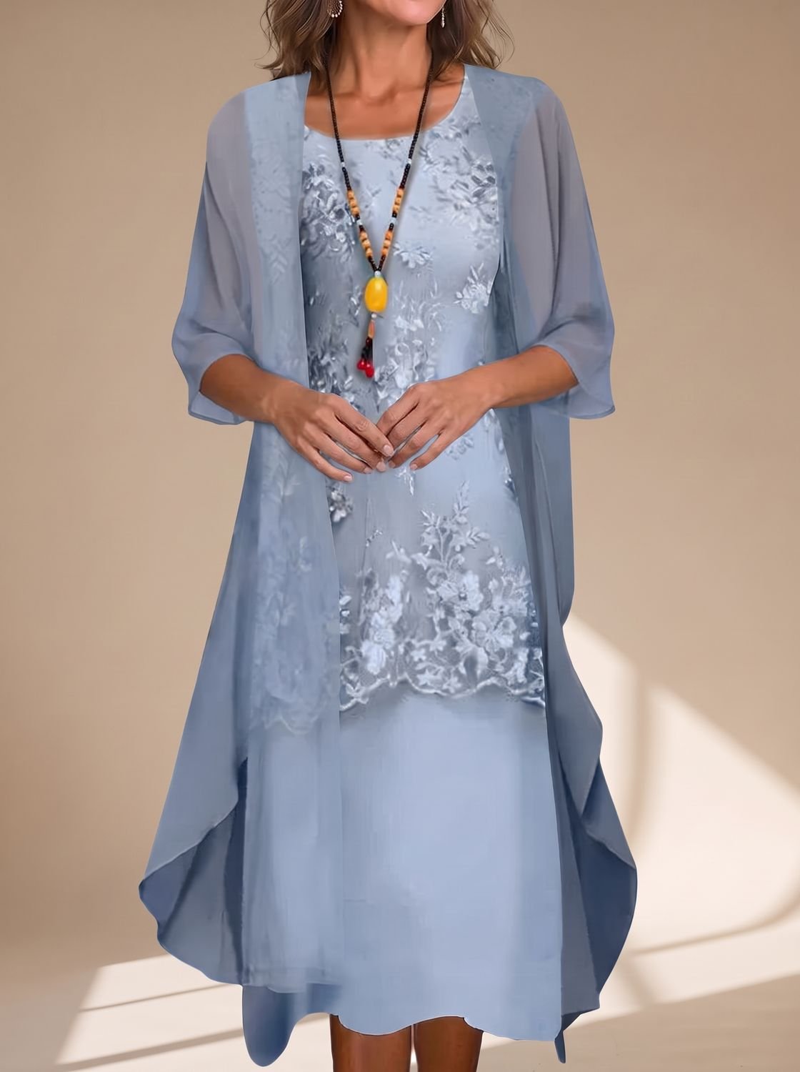 Women's Layered Lace Sheer-Sleeve Wedding Guest Midi Dress - Blue