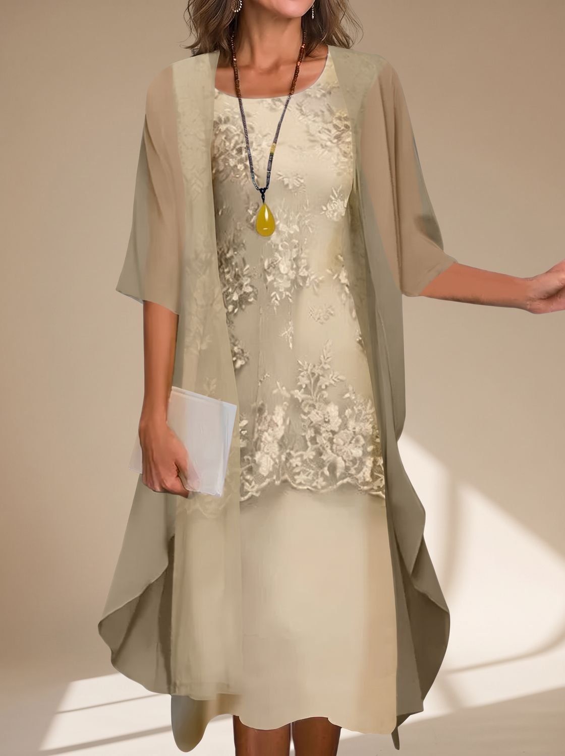 Women's Layered Lace Sheer-Sleeve Wedding Guest Midi Dress - Yellow
