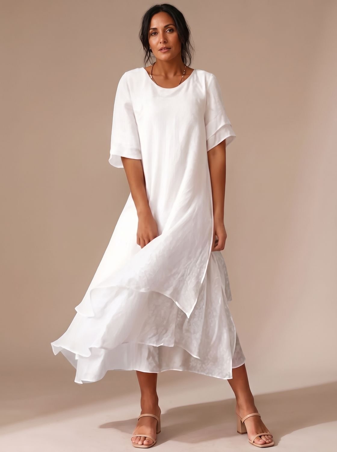 Women's Layered Midi Dress Short-Sleeve Crew-Neck Relaxed Fit - White
