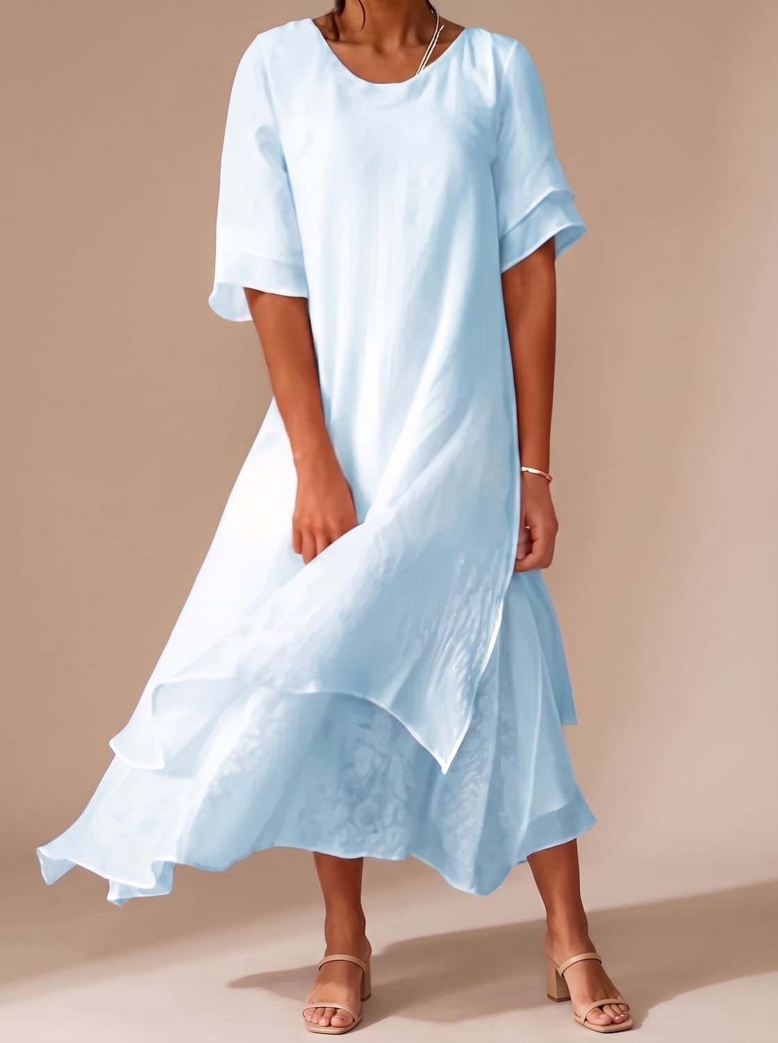 Women's Layered Midi Dress Short-Sleeve Crew-Neck Relaxed Fit - Blue