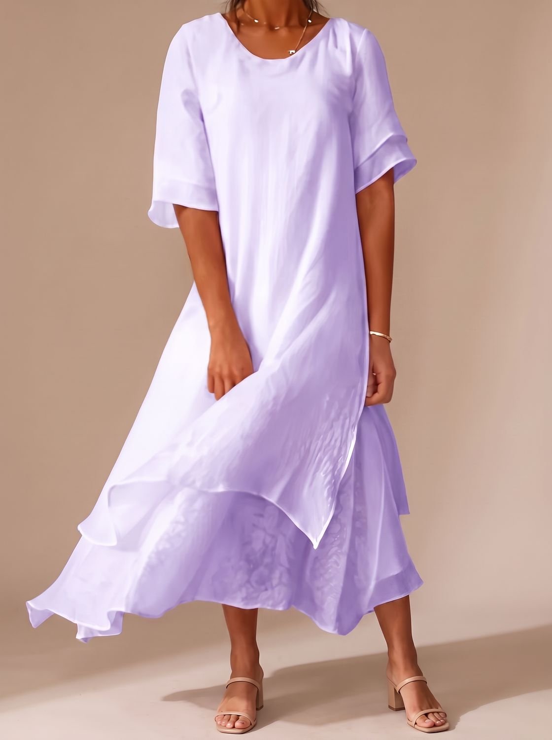 Women's Layered Midi Dress Short-Sleeve Crew-Neck Relaxed Fit - Purple