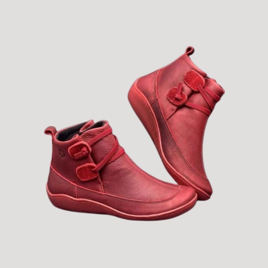 Women's Leather Double-Strap Ankle Boots - Red