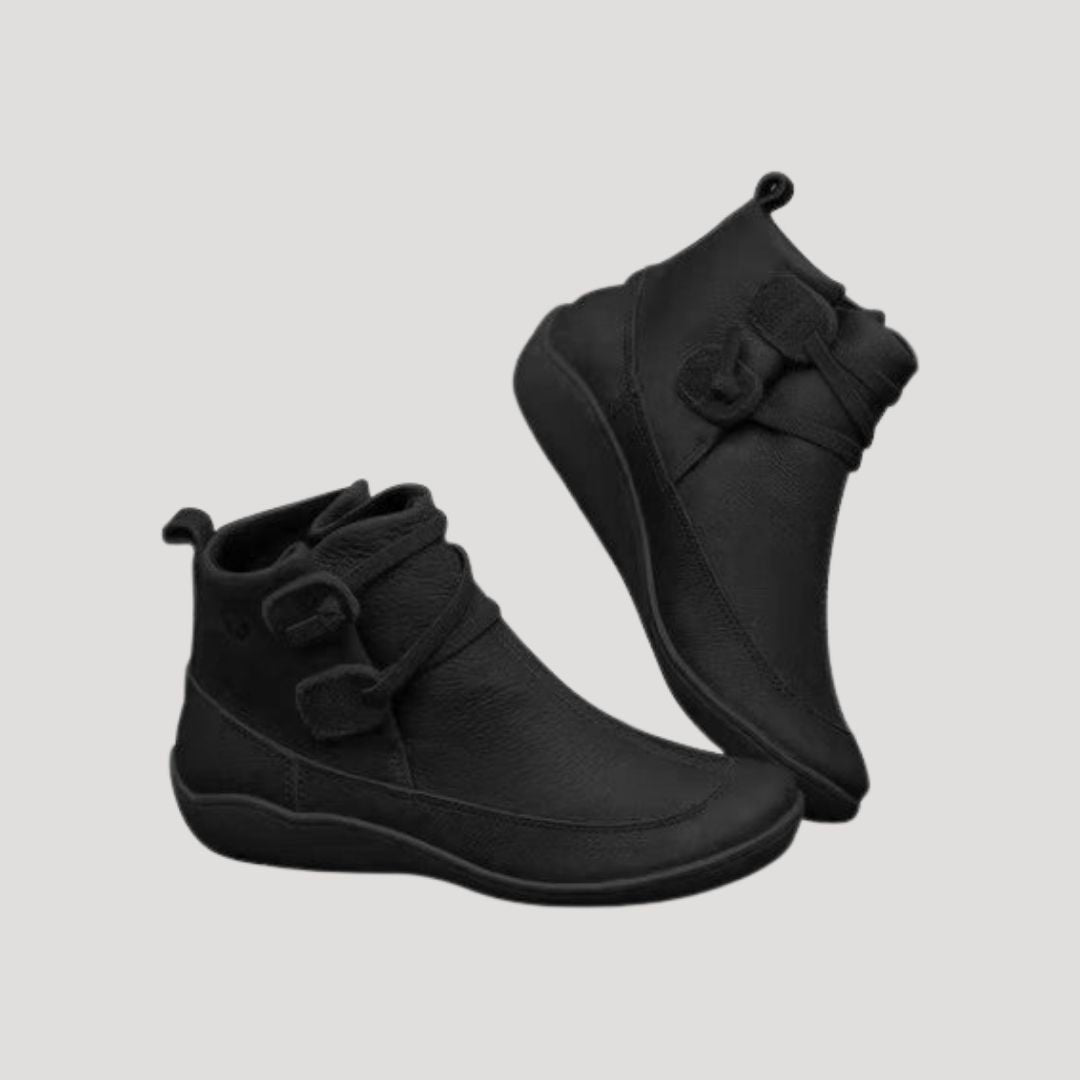 Women's Leather Double-Strap Ankle Boots - Black