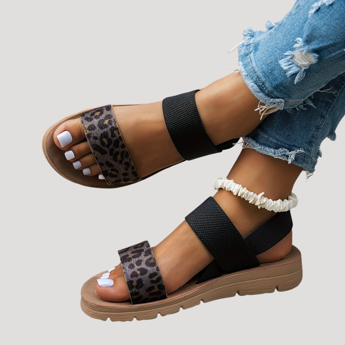 Women's Leopard Print Elastic Strap Flat Comfort Sandals