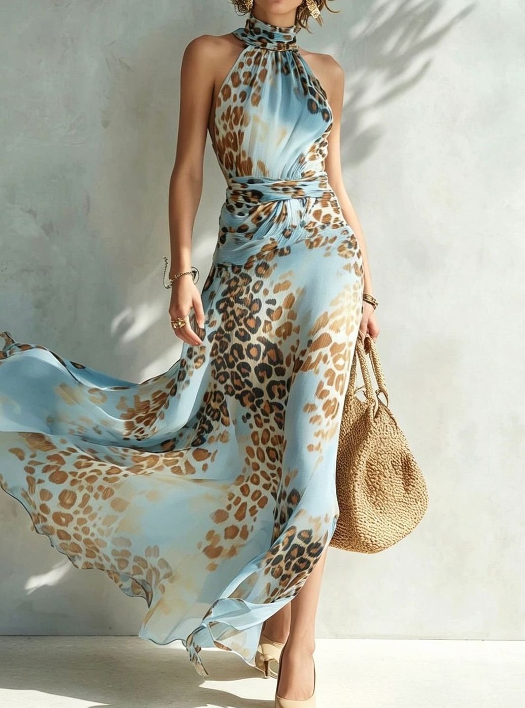 Women's Leopard Print Halterneck Open-Back Maxi Dress - Blue