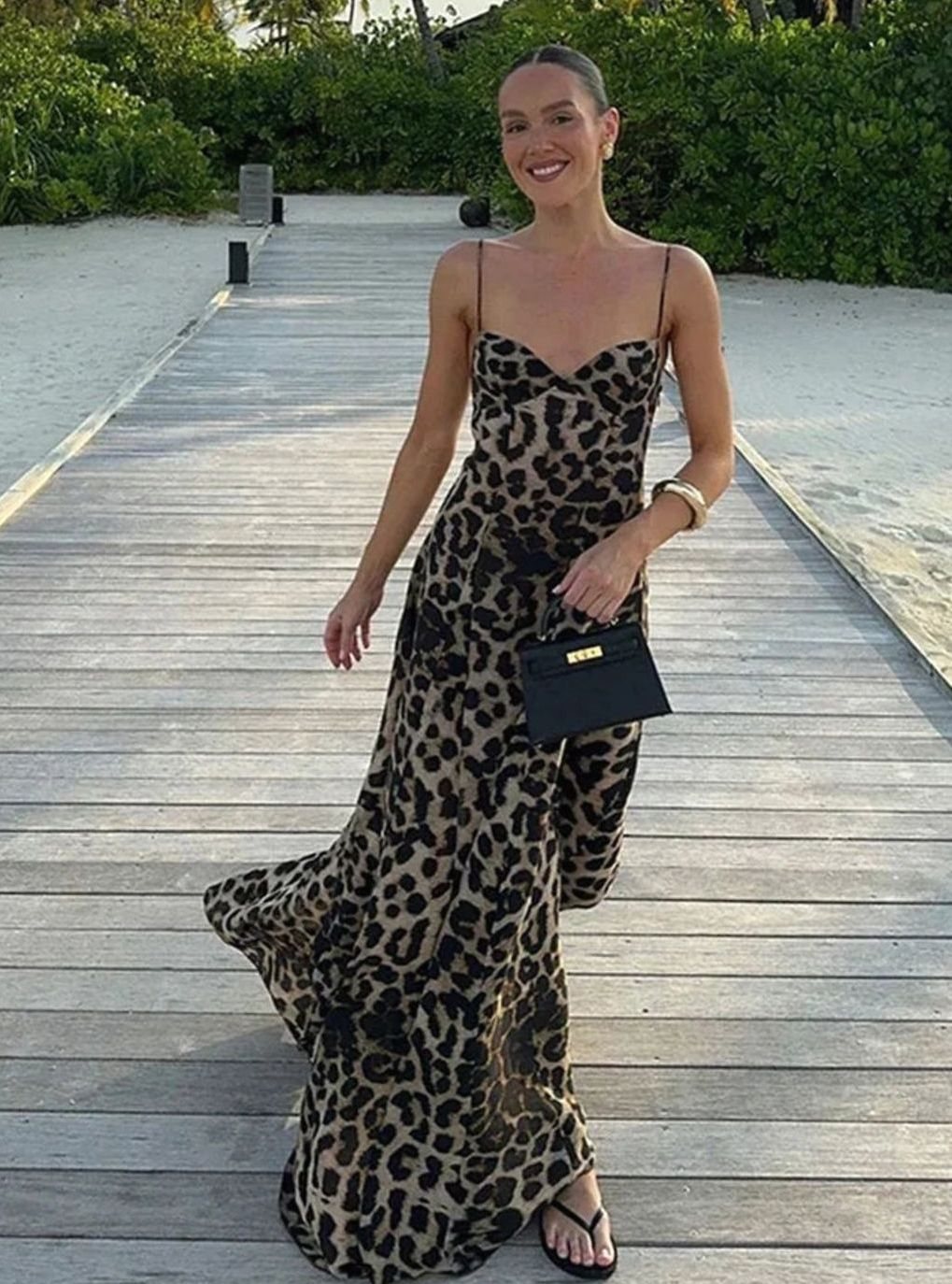 Women's Leopard Print Maxi Dress Spaghetti Strap Flowy - Leopard