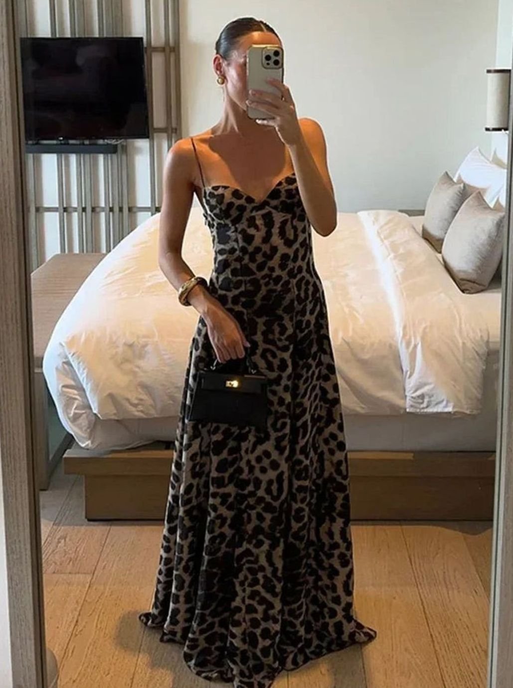 Women's Leopard Print Maxi Dress Spaghetti Strap Flowy