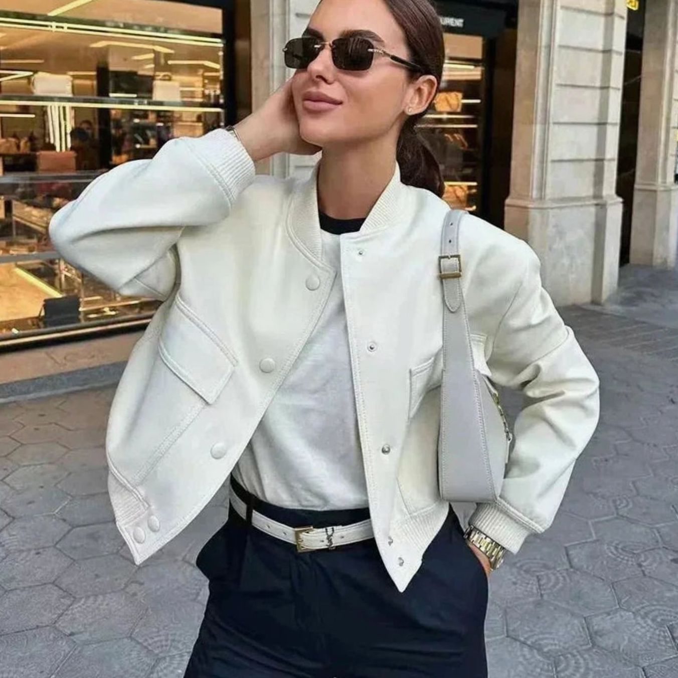 Women's Light Bomber Jacket Snap-Button Ribbed-Trim Blazer
