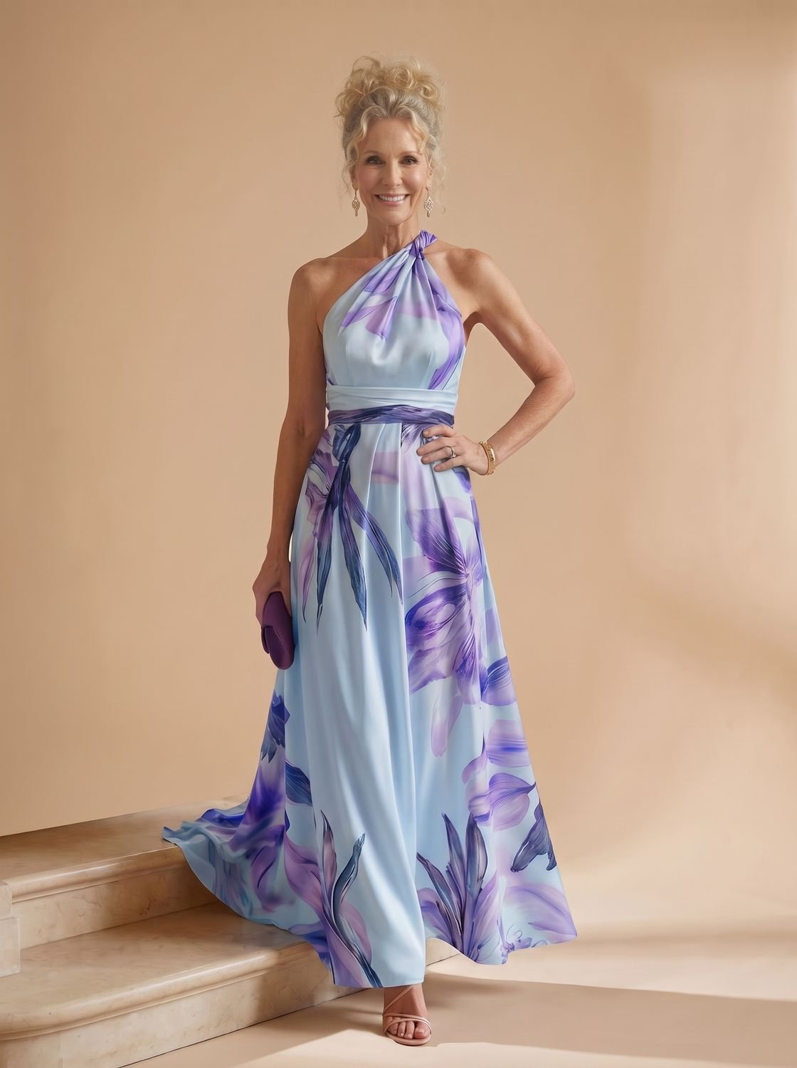 Women's Light Floral Halter-Neck Maxi Dress