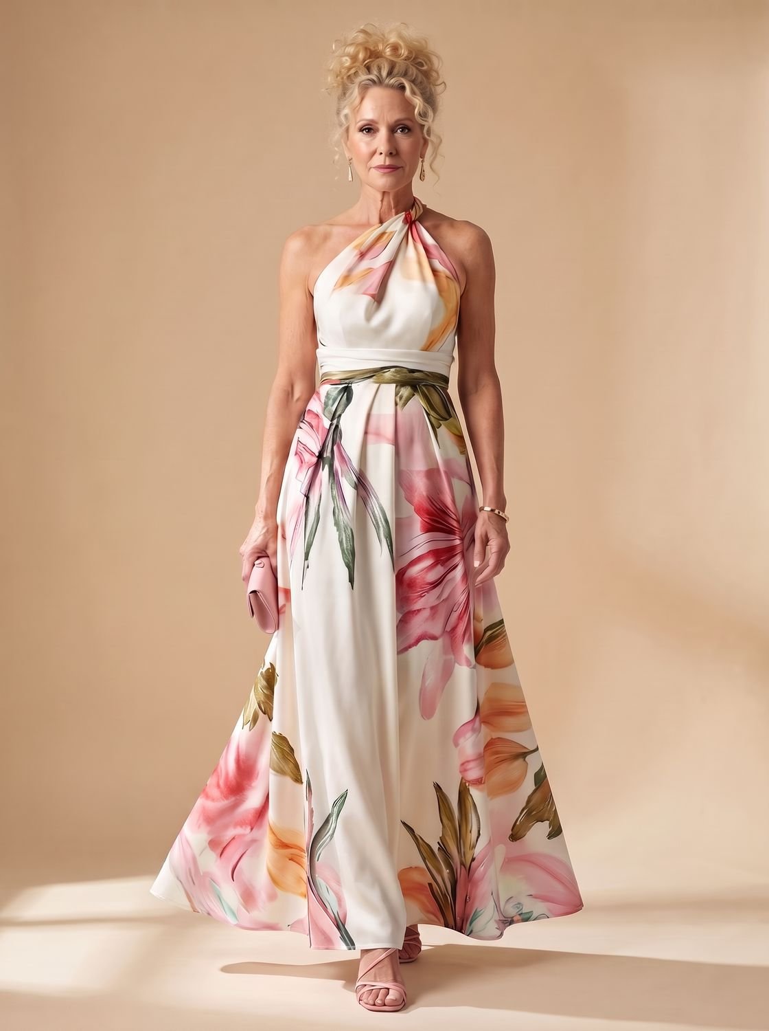 Women's Light Floral Halter-Neck Maxi Dress