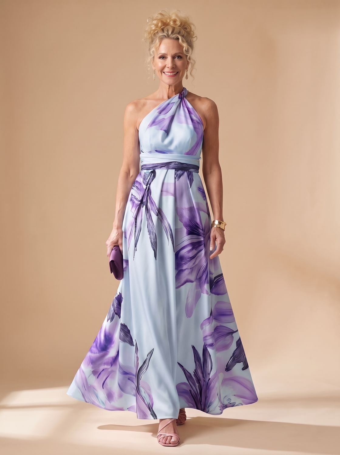 Women's Light Floral Halter-Neck Maxi Dress - Purple