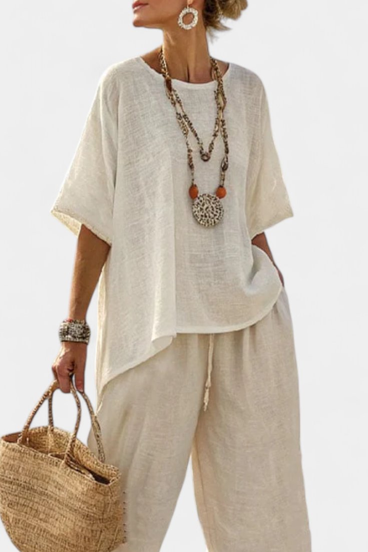 Women's Linen Asymmetric-Hem Wide-Leg Two-Piece Set