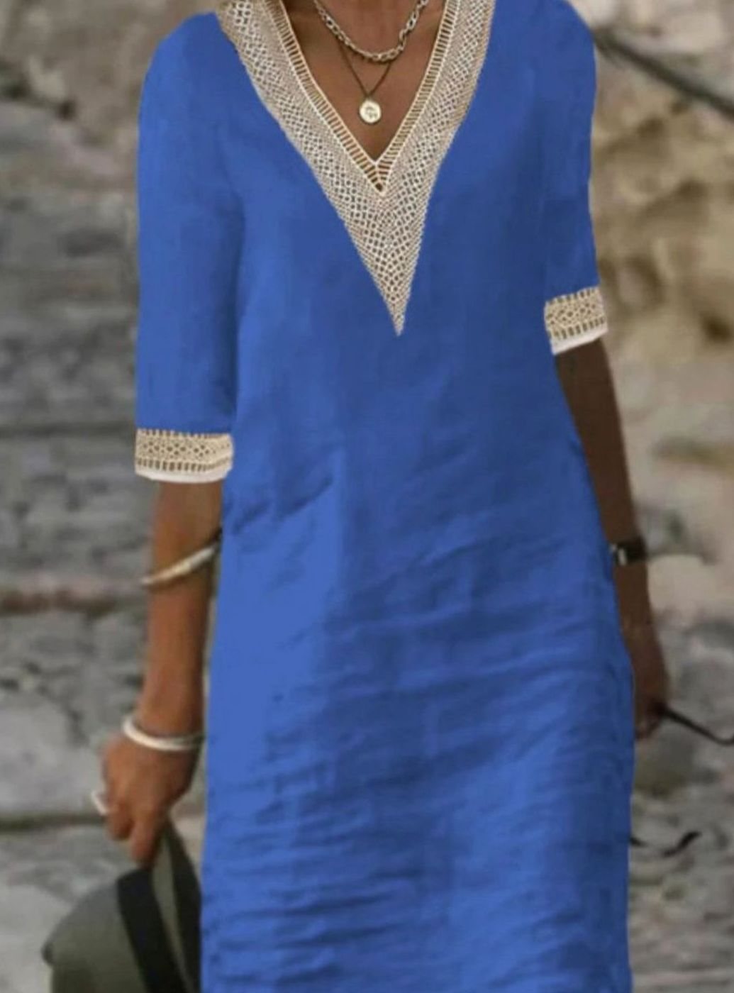 Women's Linen-Blend Lace Trim V-Neck Midi Dress - Blue