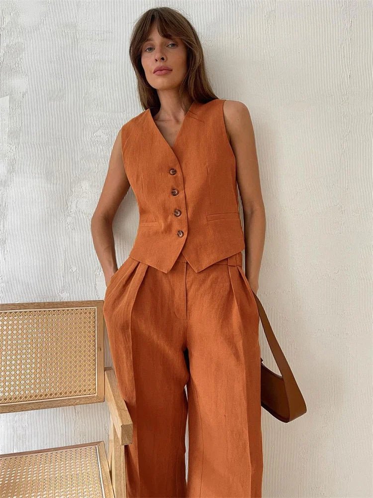 Women's Linen Blend Sleeveless Buttoned Vest Wide-Leg Trouser Set - Orange
