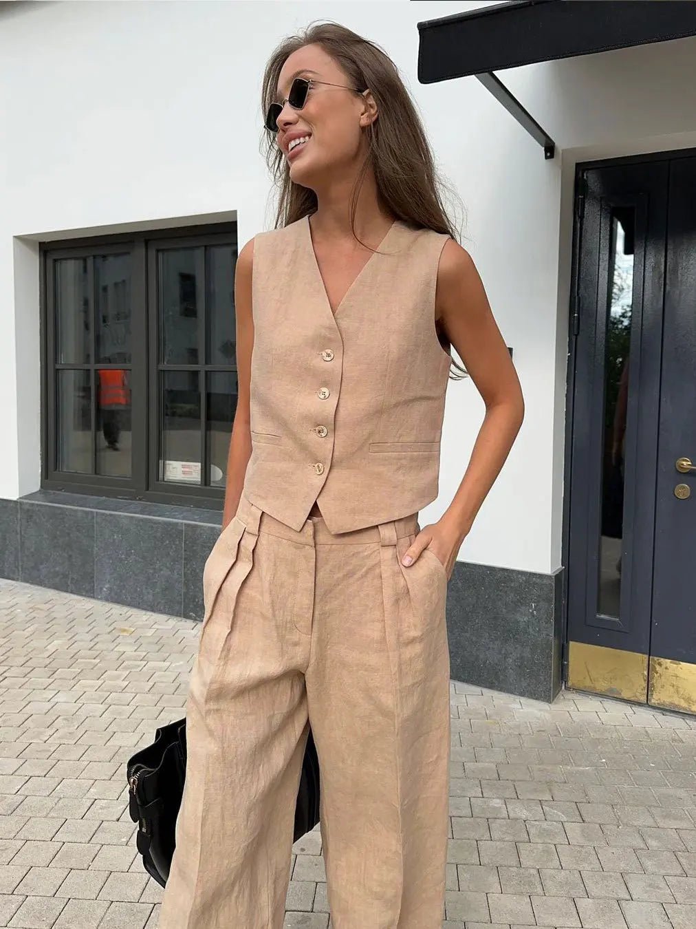 Women's Linen Blend Sleeveless Buttoned Vest Wide-Leg Trouser Set