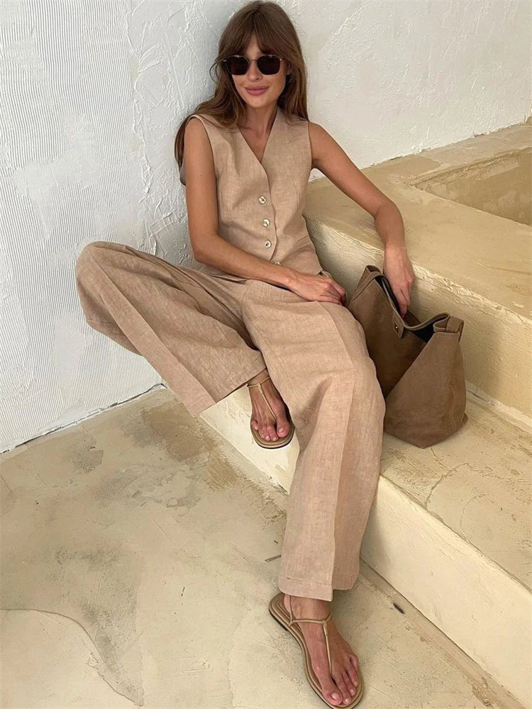 Women's Linen Blend Sleeveless Buttoned Vest Wide-Leg Trouser Set - Beige
