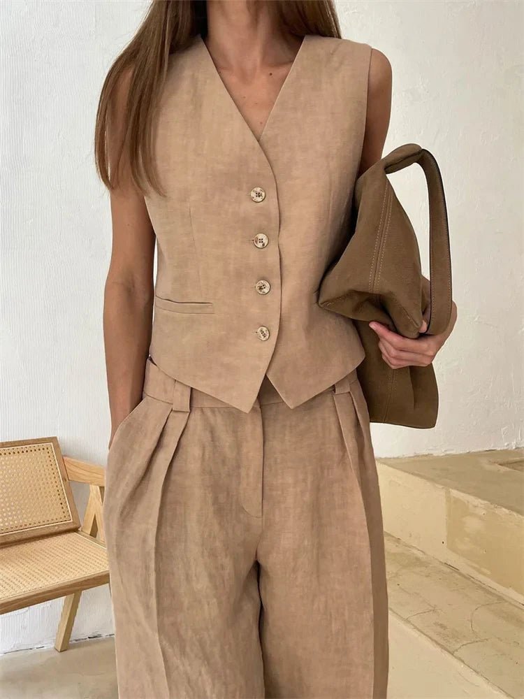Women's Linen Blend Sleeveless Buttoned Vest Wide-Leg Trouser Set