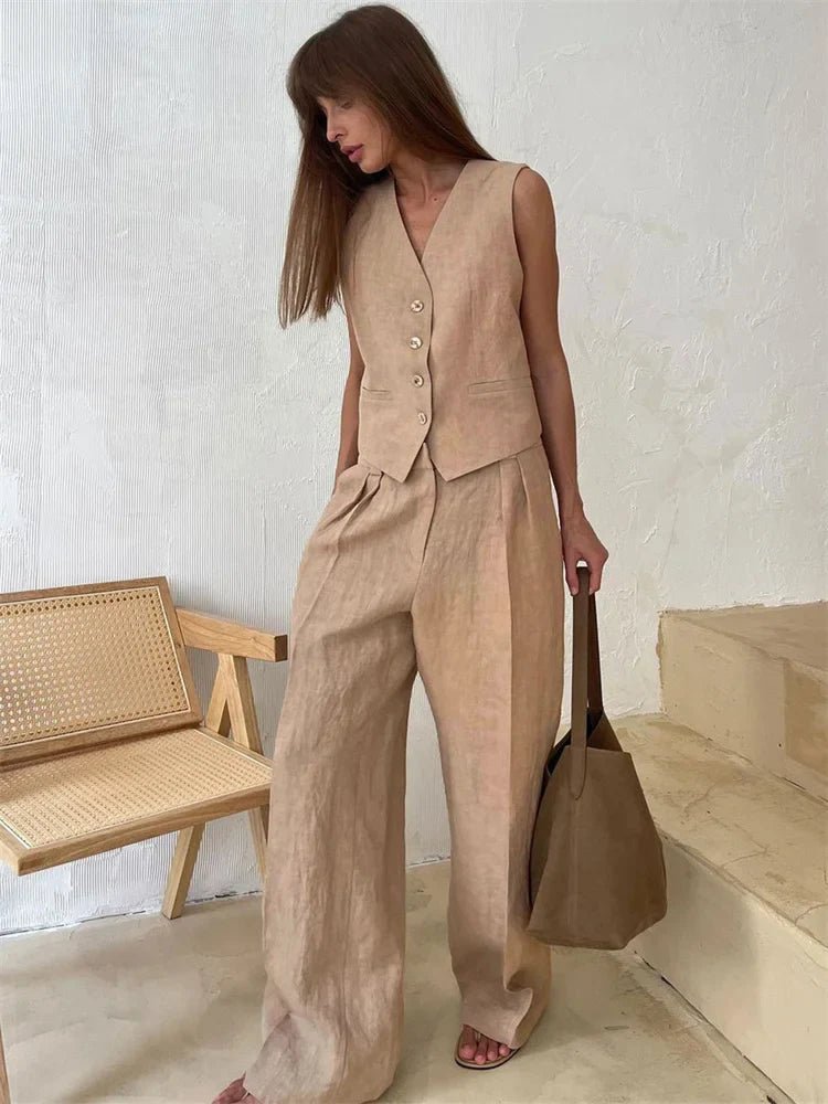 Women's Linen Blend Sleeveless Buttoned Vest Wide-Leg Trouser Set