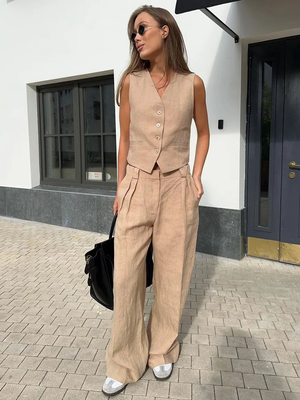 Women's Linen Blend Sleeveless Buttoned Vest Wide-Leg Trouser Set
