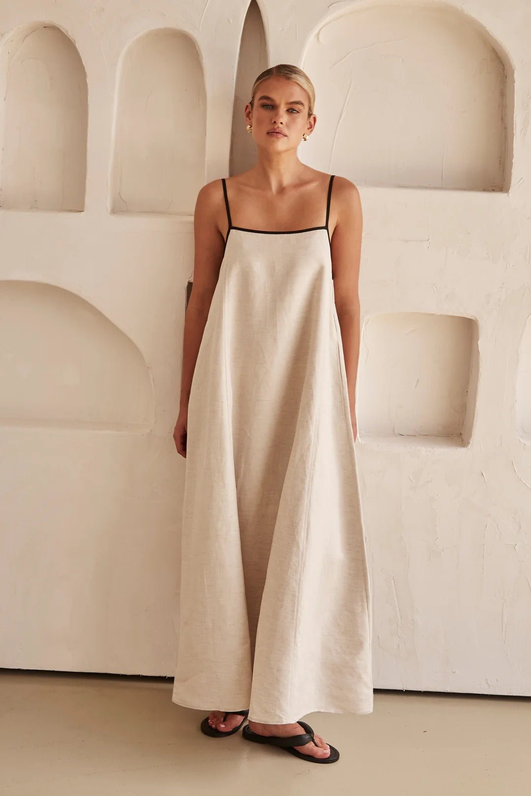 Women's Linen Contrast-Trim Adjustable-Strap Maxi Dress - Cream