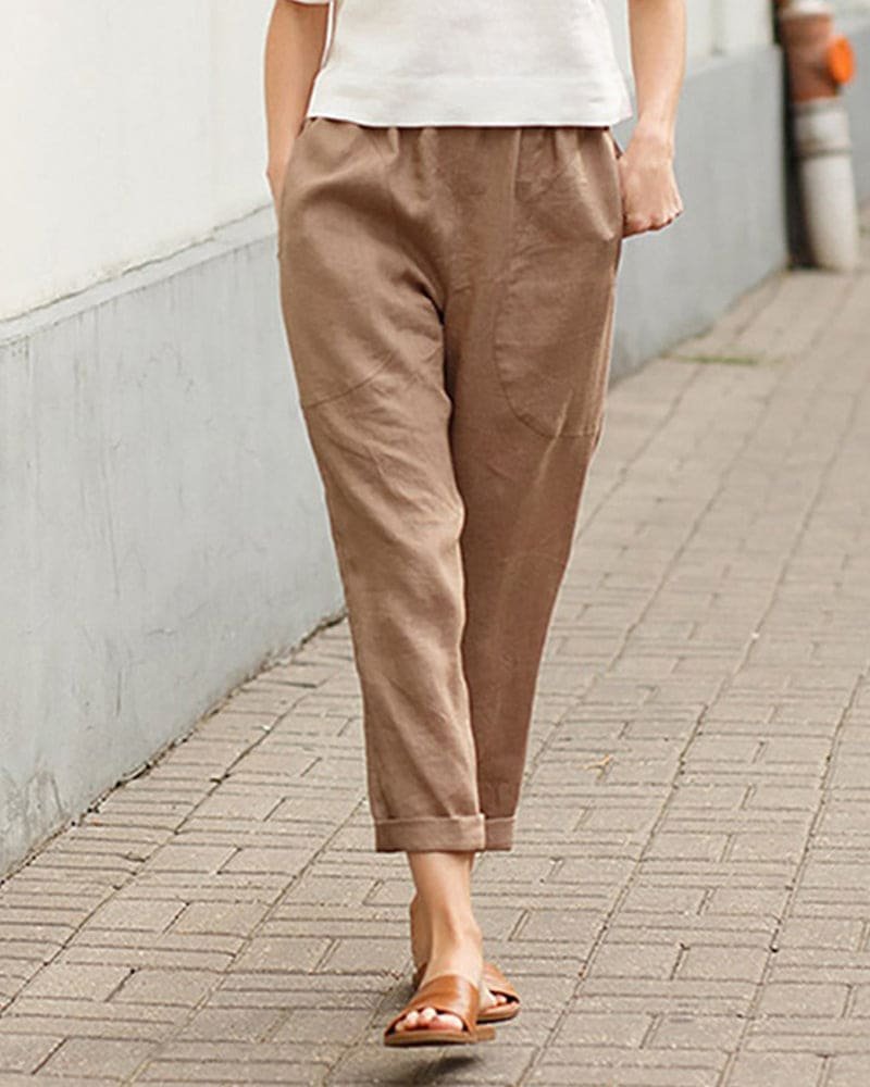 Women's Linen-Cotton Relaxed-Fit Tapered Harem Trousers - Khaki