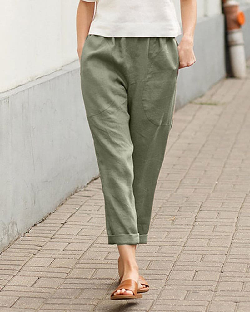 Women's Linen-Cotton Relaxed-Fit Tapered Harem Trousers - Green