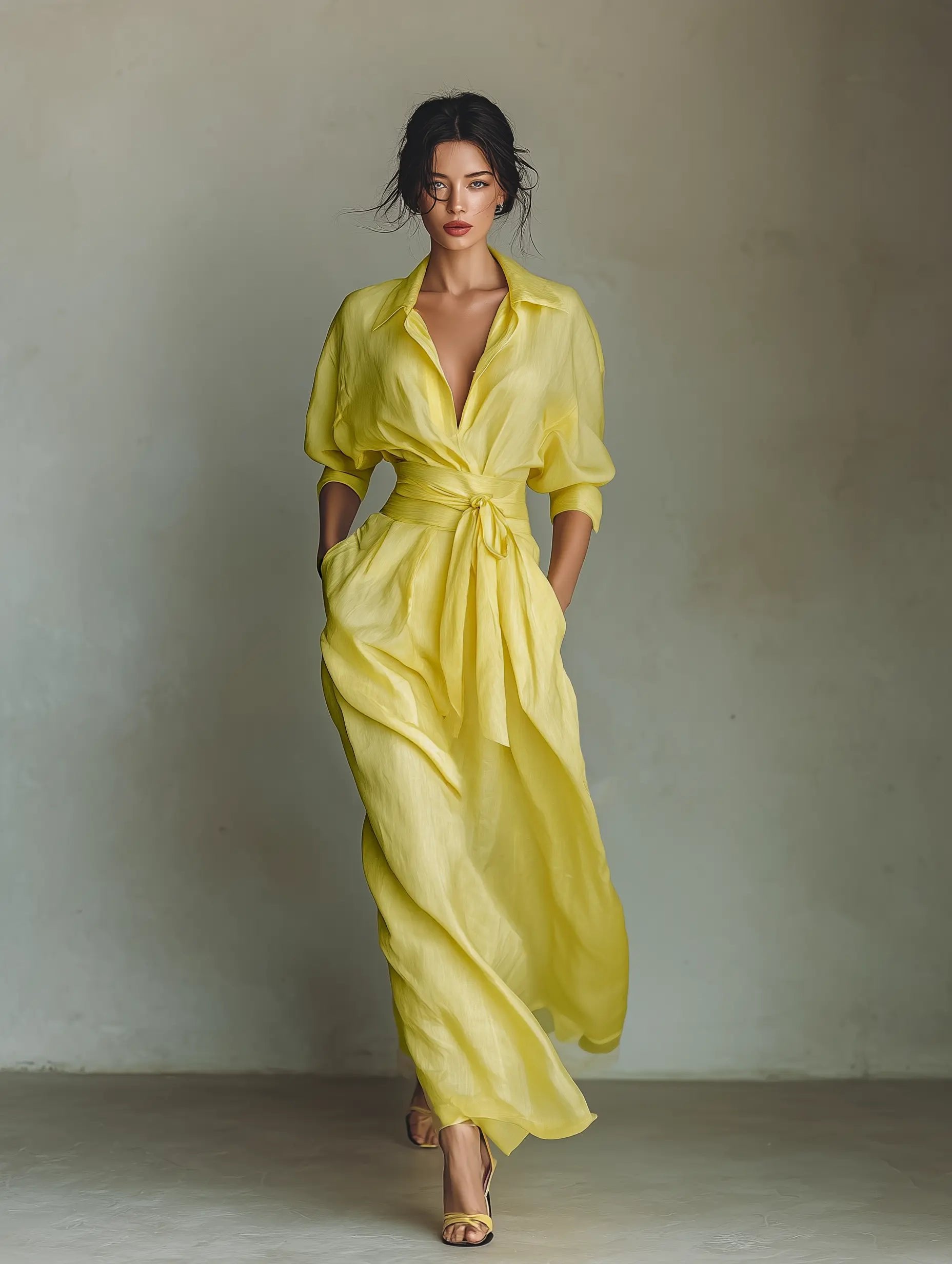 Women's Linen Maxi Shirt Dress Deep V-Neck Tie-Waist