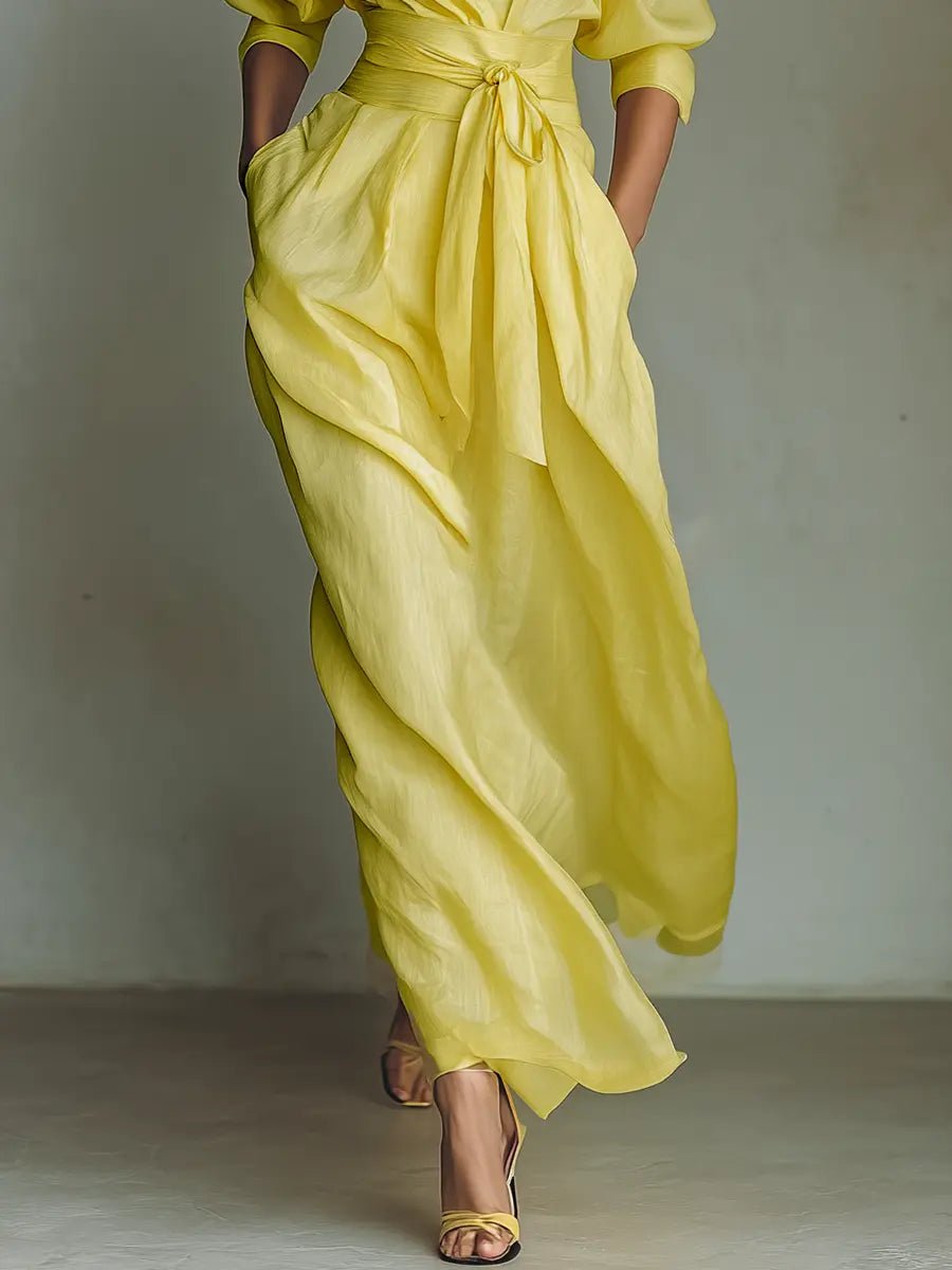 Women's Linen Maxi Shirt Dress Deep V-Neck Tie-Waist