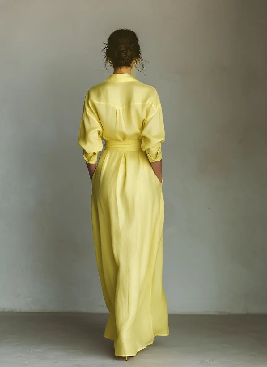 Women's Linen Maxi Shirt Dress Deep V-Neck Tie-Waist