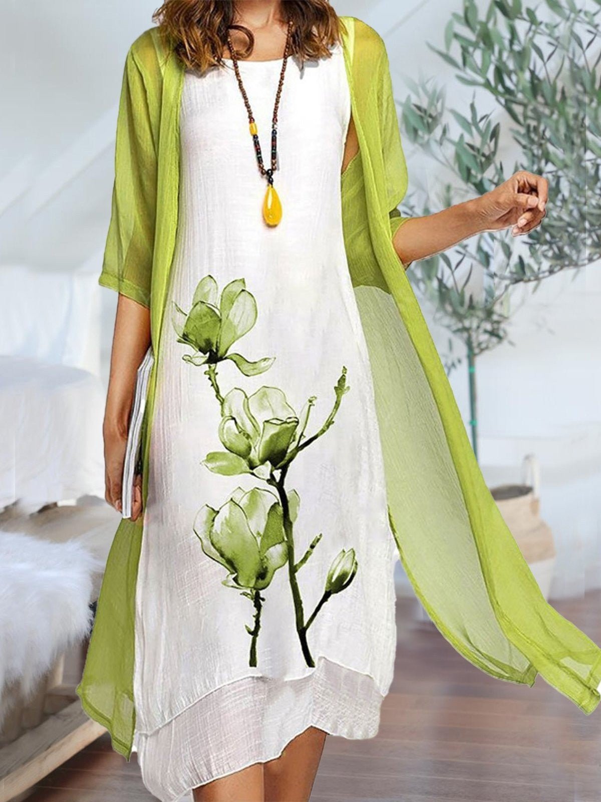 Women's Linen Midi Dress Chiffon Cardigan Two-Piece Set - Light Green