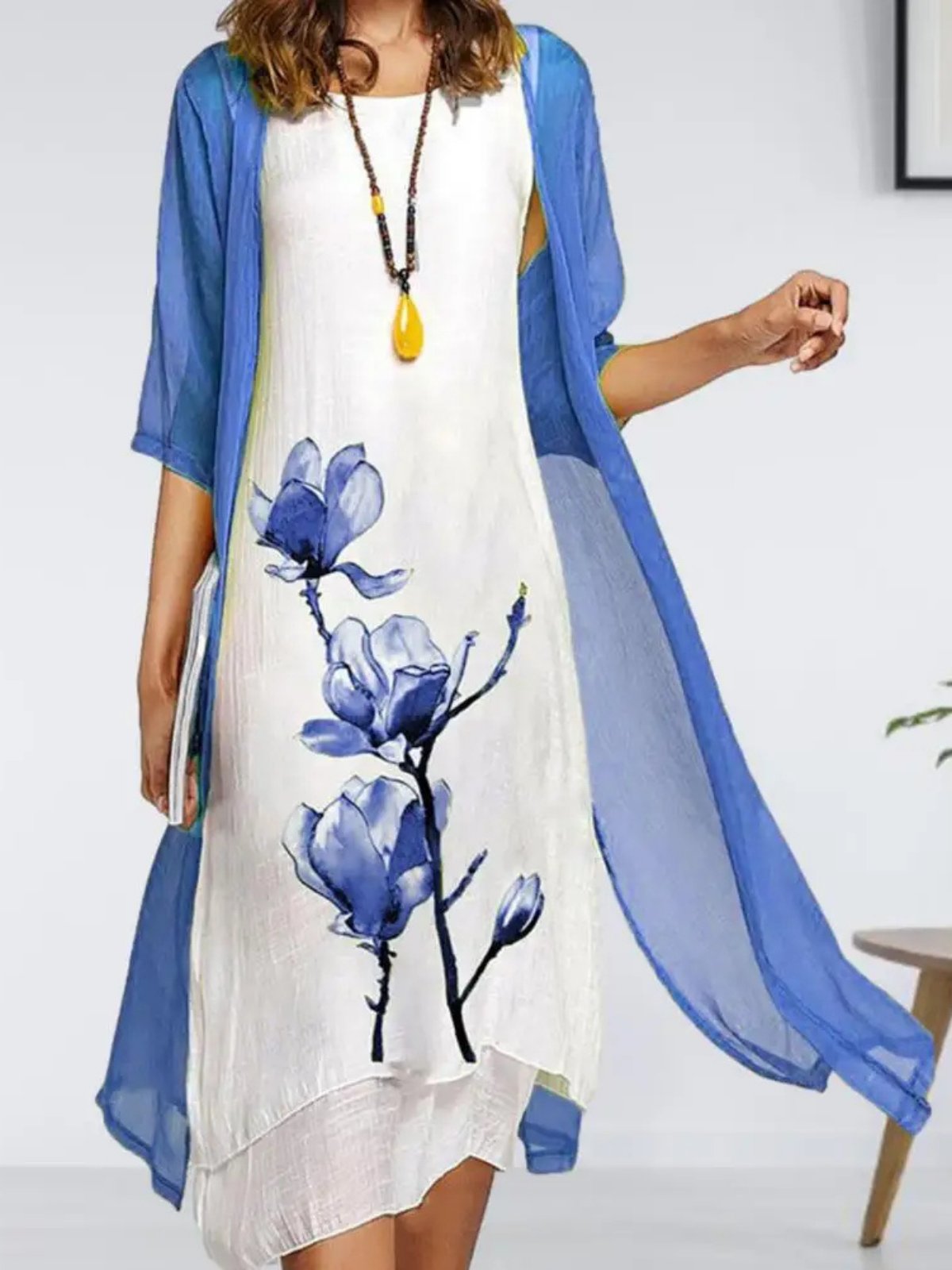 Women's Linen Midi Dress Chiffon Cardigan Two-Piece Set - Blue